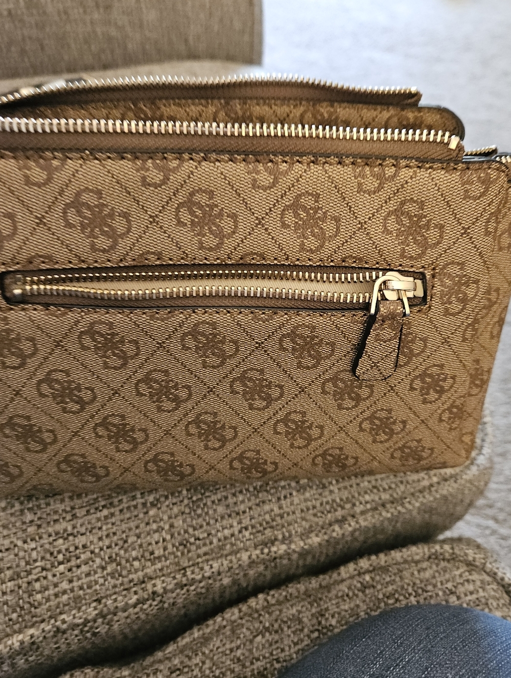Guess Beige Monogram Crossbody with Front Zip Pocket